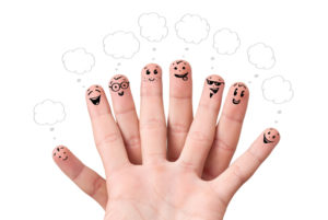 Happy finger smileys with speech bubbles.