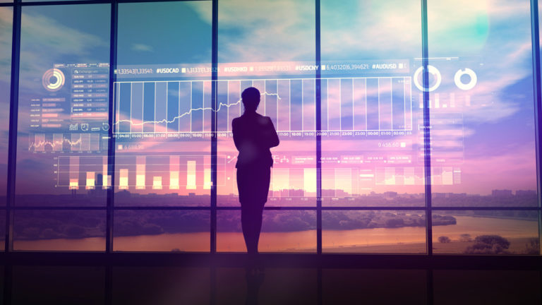 Silhouette of business woman and stock exchange infographics