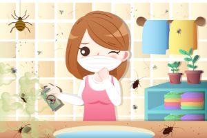 Cartoon Woman Use Insecticide In The Dirty House With Pests