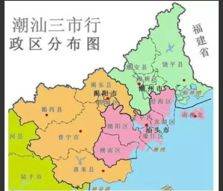 網絡上潮州地圖，與福建省緊挨相連。