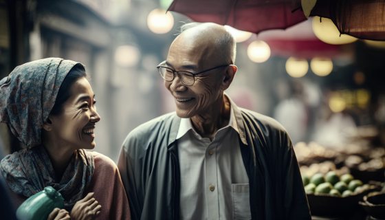 Asian Senior Couple Lifestyle Traveling in the City Street Conce