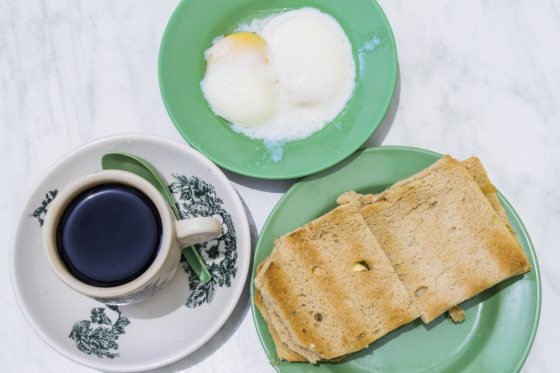 Singapore Breakfast Kaya Toast, Coffee Bread And Half Boiled Egg
