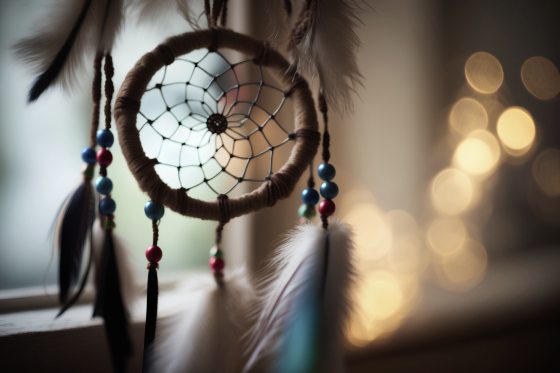 Dreamcatcher on the windowsill with bokeh background.
