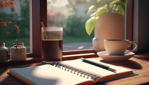 A cup of coffee and a notebook on the window. 3d rendering
