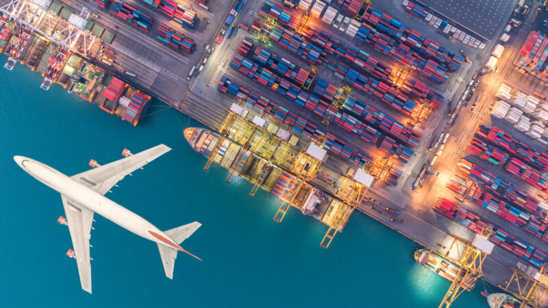 Container ships and transport aircraft in the export and import