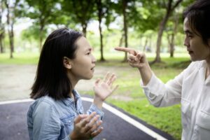Closeup Portrait Angry Adult Mother Quarreling,arguing With Youn