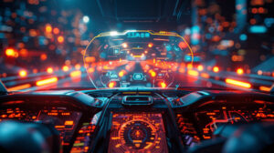 An Empty Cockpit In A Car And A Graphic Screen With Flares For A